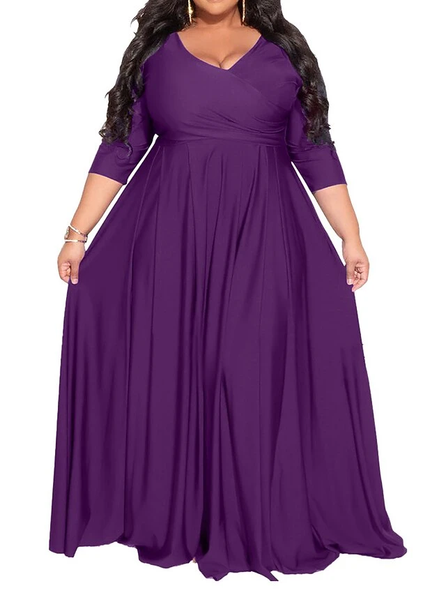 Women‘s Plus Size Curve Party Dress Pure Color V Neck 3/4 Length Sleeve Fall Spring Elegant Maxi Long Dress Party Evening Party Dress 4 Women‘s Plus Size Curve Party Dress Pure Color V Neck 3/4 Length Sleeve Fall Spring Elegant Maxi Long Dress Party Evening Party Dress - Image 4