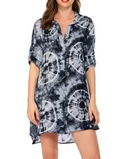 Women's Shirt Dress Beach Dress Beach Wear Mini Dress Button Plus High Low Casual Leopard Turndown 3/4 Length Sleeve Loose Fit Outdoor Daily Azure Black 2023 Spring Summer S M L XL -HAYz Clothing Shop ijbycs1676892552088