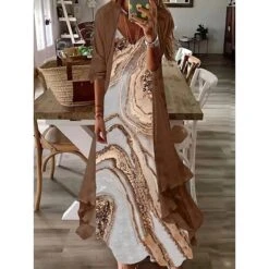 Women's Dress Set Two Piece Dress Swing Dress Long Dress Maxi Dress Water Blue Yellow Long Sleeve Color Gradient Print Winter Fall Autumn V Neck Casual Winter Dress Fall Dress Loose Fit 2023 S M L XL -HAYz Clothing Shop ijcrem1648779823200