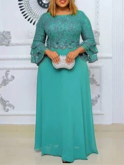 Women‘s Plus Size Curve Party Dress Lace Dress Sheath Dress Solid Color Long Dress Maxi Dress 3/4 Length Sleeve Lace Crew Neck Fashion Party Pink Blue Summer Spring L XL XXL 3XL -HAYz Clothing Shop ijmuhb1677652738093