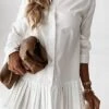 Women's Shirt Dress Casual Dress Mini Dress Outdoor Daily Cotton Fashion Basic Shirt Collar Ruffle Button Long Sleeve Summer Spring Fall 2023 Loose Fit Black White Khaki Pure Color S M L XL XXL