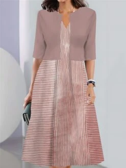 Women's Two Piece Dress Set Casual Dress Tank Dress Outdoor Daily Fashion Streetwear Pocket Print Midi Dress V Neck 3/4 Length Sleeve Stripe Regular Fit Pink Blue Sky Blue Summer Spring S M L XL XXL -HAYz Clothing Shop ijsfif1690441716785