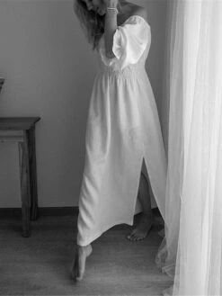 Women's Casual Dress Cotton Linen Dress White Dress Maxi Long Dress Linen / Cotton Blend Basic Classic Outdoor Daily Vacation Off Shoulder Backless Split Half Sleeve Summer Spring Fall 2023 Loose Fit -HAYz Clothing Shop ijuynb1689325822098