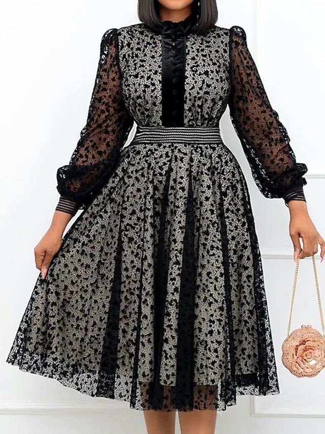 Women‘s Plus Size Curve Black Dress Easter Dress Crew Neck Lace Vacation Dress Solid Color Long Sleeve Fall Winter Prom Dress Midi Dress 4 Women‘s Plus Size Curve Black Dress Easter Dress Crew Neck Lace Vacation Dress Solid Color Long Sleeve Fall Winter Prom Dress Midi Dress - Image 4