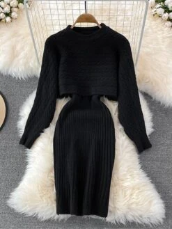 Women's Two Piece Dress Set Casual Dress Sheath Dress Outdoor Daily Fashion Streetwear Ruched Midi Dress Crew Neck Long Sleeve Plain Loose Fit Black White Wine Fall Winter One-Size -HAYz Clothing Shop ikytea1694057140860