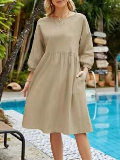 Women's Casual Dress Cotton Dress Midi Dress Cotton Basic Classic Outdoor Daily Vacation Crew Neck Ruched 3/4 Length Sleeve Fall Winter Autumn 2023 Loose Fit ArmyGreen Black White Plain S M L XL 2XL