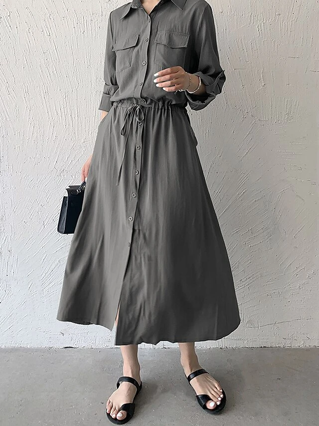 Women's Shirt Dress Casual Dress Maxi Long Dress Outdoor Daily Date Polyester Fashion Classic Shirt Collar Button Pocket Long Sleeve Fall Winter 2023 Loose Fit ArmyGreen Black Brown Pure Color S M L 8 Women's Shirt Dress Casual Dress Maxi Long Dress Outdoor Daily Date Polyester Fashion Classic Shirt Collar Button Pocket Long Sleeve Fall Winter 2023 Loose Fit ArmyGreen Black Brown Pure Color S M L - Image 8