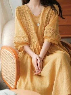 Women's Casual Dress Cotton Linen Dress Swing Dress Midi Dress Cotton Blend Basic Casual Outdoor Daily V Neck Ruched 3/4 Length Sleeve Summer Spring 2023 Loose Fit Black White Yellow Pure Color M L -HAYz Clothing Shop ilpcza1677135416079