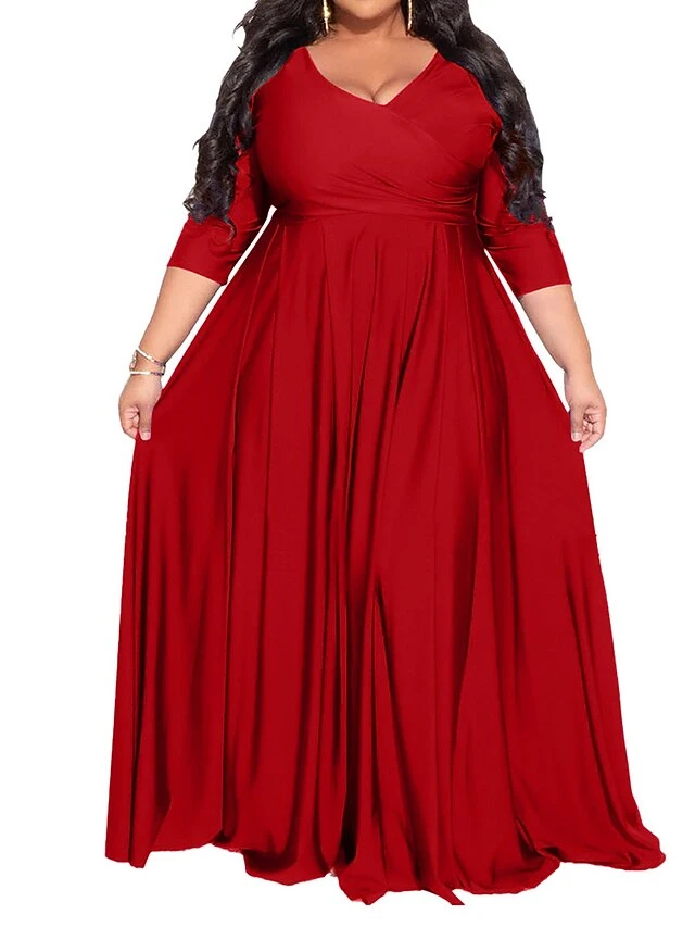 Women‘s Plus Size Curve Party Dress Pure Color V Neck 3/4 Length Sleeve Fall Spring Elegant Maxi Long Dress Party Evening Party Dress 2 Women‘s Plus Size Curve Party Dress Pure Color V Neck 3/4 Length Sleeve Fall Spring Elegant Maxi Long Dress Party Evening Party Dress - Image 2