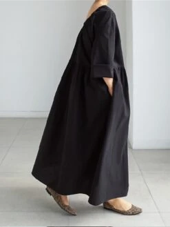 Women's Casual Dress Cotton Linen Dress Swing Dress Maxi Long Dress Cotton Blend Basic Classic Outdoor Daily Crew Neck Pocket Long Sleeve Summer Spring Fall 2023 Loose Fit Black Apricot Pure Color S -HAYz Clothing Shop ilwsav1673606399387