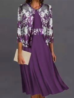 Women's Two Piece Dress Set Casual Dress Swing Dress Outdoor Office Fashion Streetwear Print Midi Dress Crew Neck 3/4 Length Sleeve Floral Regular Fit Blue Purple Green Fall S M L XL XXL -HAYz Clothing Shop imagtu1695364271656