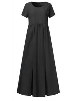 Women's Casual Dress Cotton Linen Dress Maxi Long Dress Polyester Daily Casual Daily Outdoor Home Daily Crew Neck Ruched Pocket Short Sleeve Summer Spring 2023 Regular Fit Black Yellow Plain S M L XL -HAYz Clothing Shop imeuqi1689760737786