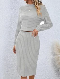 Women's Two Piece Dress Set Casual Dress Skirt Set Outdoor Daily Active Fashion Ribbed Midi Dress Turtleneck Long Sleeve Plain Loose Fit Black Wine Gray Fall Winter S M L XL XXL -HAYz Clothing Shop imgpcc1693294046391