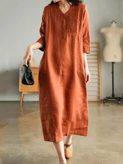 Women's Casual Dress Cotton Linen Dress White Dress Midi Dress Bamboo Fashion Modern Daily Vacation V Neck Ruched Patchwork Half Sleeve Summer Spring Fall 2023 Regular Fit White Blue Orange Plain M L