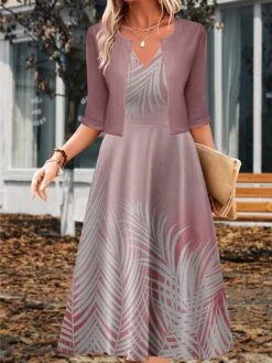 Women's Two Piece Dress Set Casual Dress Swing Dress Outdoor Daily Fashion Elegant Print Midi Dress V Neck Half Sleeve Leaf Regular Fit Blue Purple Green Fall Winter S M L XL XXL