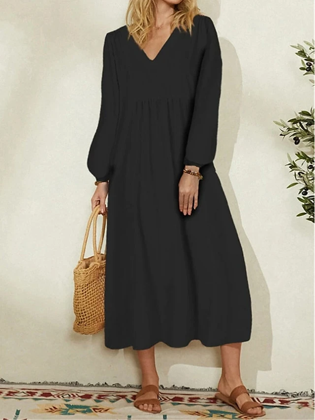 Women's Casual Dress Cotton Linen Dress Midi Dress Cotton Basic Classic Outdoor Daily Vacation V Neck Ruched Long Sleeve Summer Spring Fall 2023 Loose Fit Black White Navy Blue Plain M L XL 2XL 3XL 3 Women's Casual Dress Cotton Linen Dress Midi Dress Cotton Basic Classic Outdoor Daily Vacation V Neck Ruched Long Sleeve Summer Spring Fall 2023 Loose Fit Black White Navy Blue Plain M L XL 2XL 3XL - Image 3