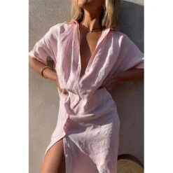 Women's Shirt Dress Cotton Linen Dress Maxi Long Dress Cotton And Linen Casual Winter Dress Daily Vacation Shirt Collar Split Short Sleeve Summer Spring Fall 2023 Loose Fit White Light Green Pink -HAYz Clothing Shop ingktw1674033613380