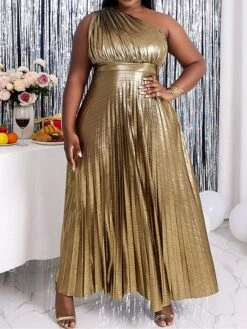 Women's Plus Size Curve Party Dress Swing Dress Evening Gown Plain Long Dress Maxi Dress Sleeveless Pleated Backless One Shoulder Fashion Party Gold Spring Fall XL XXL 3XL 4XL -HAYz Clothing Shop inkdhp1694151482183
