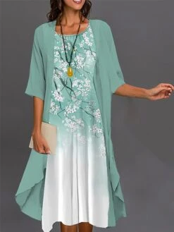 Women's Two Piece Dress Set Casual Dress Print Dress Outdoor Daily Fashion Elegant Print Midi Dress Crew Neck 3/4 Length Sleeve Floral Ombre Loose Fit Light Green Blue Sky Blue Summer Spring S M L XL -HAYz Clothing Shop inubyz1690425407608
