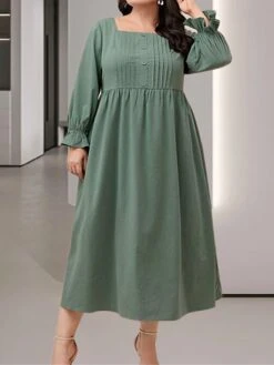 Women's Plus Size Curve Casual Dress Winter Dress Swing Dress Plain Midi Dress Long Sleeve Ruched Pocket Square Neck Fashion Outdoor Green Fall Winter XL XXL 3XL 4XL 5XL