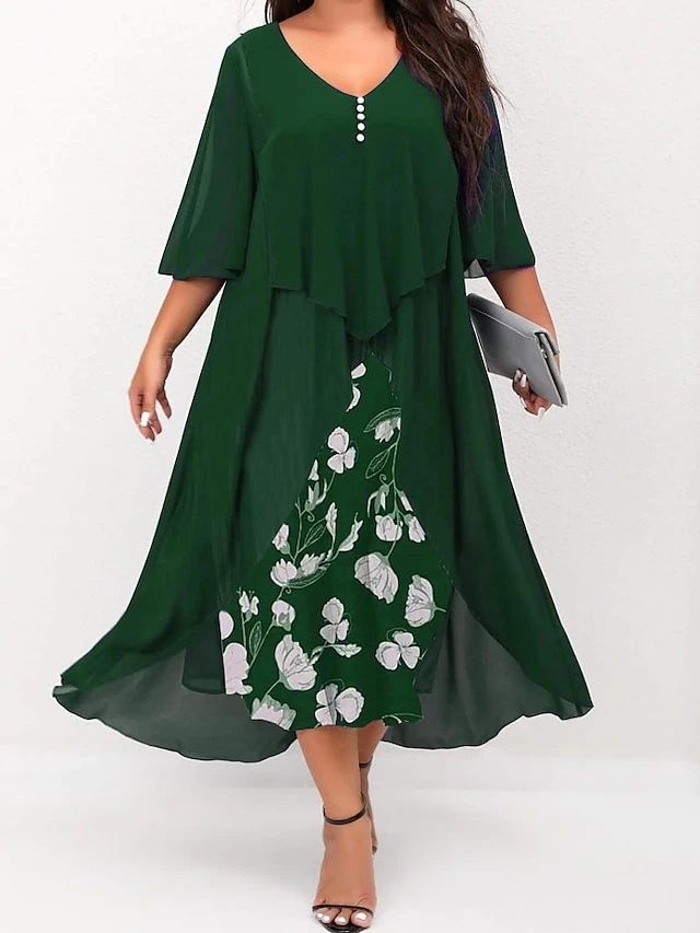 Women's Plus Size Curve Work Dress Floral V Neck Ruched 3/4 Length Sleeve Spring Summer Work Elegant Midi DressLayered Formal Vacation Dress 14 Women's Plus Size Curve Work Dress Floral V Neck Ruched 3/4 Length Sleeve Spring Summer Work Elegant Midi DressLayered Formal Vacation Dress - Image 14