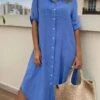 Women's Casual Dress Cotton Linen Dress Shift Dress Midi Dress Bamboo Fashion Basic Outdoor Daily Vacation V Neck Basic Half Sleeve Summer Spring 2023 Loose Fit Blue Plain S M L XL 2XL