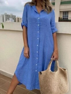 Women's Casual Dress Cotton Linen Dress Shift Dress Midi Dress Bamboo Fashion Basic Outdoor Daily Vacation V Neck Basic Half Sleeve Summer Spring 2023 Loose Fit Blue Plain S M L XL 2XL