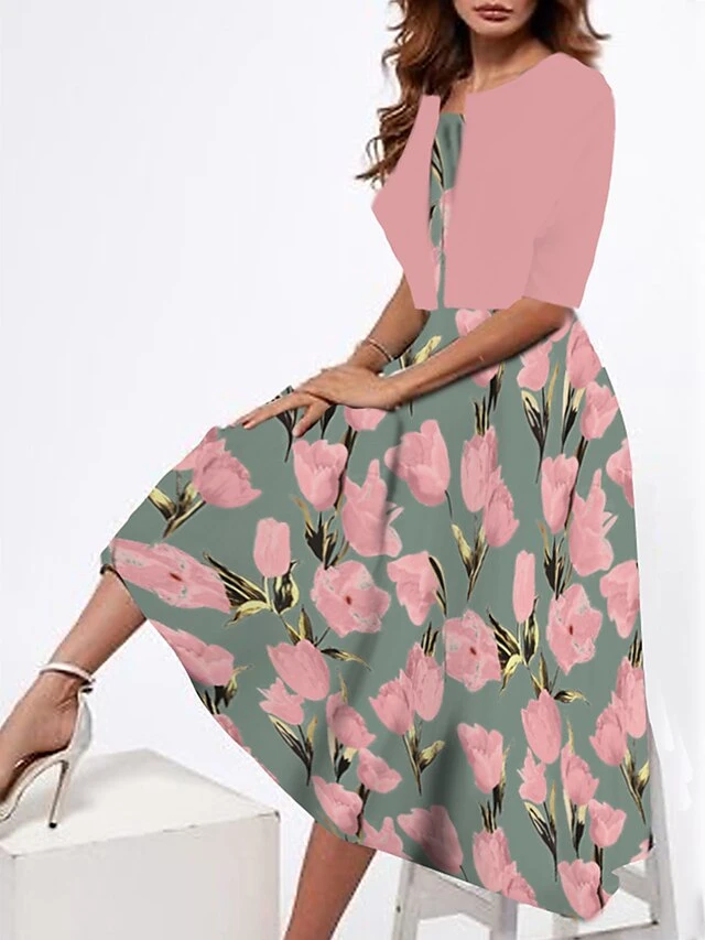 Women's Two Piece Dress Set Casual Dress Tank Dress Outdoor Daily Fashion Streetwear Print Midi Dress Strap Half Sleeve Floral Loose Fit Pink Dark Pink Peach Summer Spring S M L XL XXL 3 Women's Two Piece Dress Set Casual Dress Tank Dress Outdoor Daily Fashion Streetwear Print Midi Dress Strap Half Sleeve Floral Loose Fit Pink Dark Pink Peach Summer Spring S M L XL XXL - Image 3