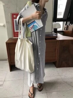 Women's Shirt Dress Casual Dress Cotton Linen Dress Maxi Long Dress Polyester Fashion Modern Outdoor Daily Vacation Shirt Collar Button Print Half Sleeve Summer Spring Fall 2023 Loose Fit Black Blue -HAYz Clothing Shop iovbfj1689933197438