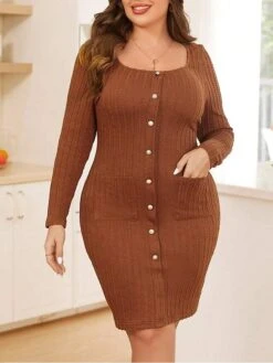 Women's Plus Size Party Dress Cocktail Dress Bodycon Mini Dress Brown Long Sleeve Pure Color Button Fall Winter Autumn Square Neck Fashion Winter Dress Vacation Fall Dress 2023 XL XXL 3XL -HAYz Clothing Shop iowcmi1693297314682