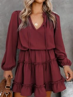 Women's Casual Dress Cotton Linen Dress Mini Dress Cotton Fashion Traditional / Vintage Outdoor Daily Vacation V Neck Ruched Ruffle Long Sleeve Fall Winter Autumn 2023 Loose Fit Black Red Blue Plain