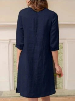 Women's Casual Dress Cotton Linen Dress A Line Dress Midi Dress Cotton Blend Basic Casual Outdoor Daily V Neck Pocket 3/4 Length Sleeve Summer Spring Fall 2023 Loose Fit ArmyGreen Navy Blue Orange -HAYz Clothing Shop ioxbjm1675929175526