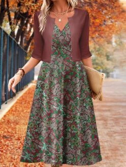 Women's Two Piece Dress Set Casual Dress Swing Dress Outdoor Daily Fashion Elegant Print Midi Dress V Neck Half Sleeve Floral Regular Fit Blue Purple Fuchsia Fall Winter S M L XL XXL -HAYz Clothing Shop iozaso1697782813561