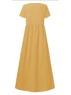 Women's Casual Dress Cotton Linen Dress Maxi Long Dress Polyester Daily Casual Daily Outdoor Home Daily Crew Neck Ruched Pocket Short Sleeve Summer Spring 2023 Regular Fit Black Yellow Plain S M L XL -HAYz Clothing Shop ipagmd1689760736206
