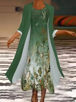 Women's Two Piece Dress Set Casual Dress Print Dress Daily Holiday Fashion Modern Print Long Dress Maxi Dress Crew Neck Long Sleeve Floral Marble Print Regular Fit Sky Blue Dark Green Green Summer -HAYz Clothing Shop ipbuji1694511589846