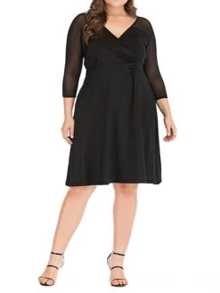 Women‘s Plus Size Curve Work Dress Black Dress Semi Formal Dress Fashion Midi Dress Mesh V Neck 3/4 Length Sleeve Plain Loose Fit Black Spring Fall XL XXL 3XL 4XL 5XL -HAYz Clothing Shop ipbxus1691402310103