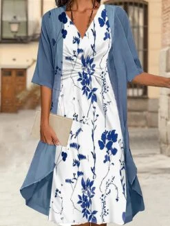 Women's Two Piece Dress Set Casual Dress Chiffon Dress Outdoor Daily Fashion Streetwear Knot Front Print Midi Dress V Neck 3/4 Length Sleeve Floral Regular Fit White Blue Gray Fall Winter S M L XL XXL -HAYz Clothing Shop ipeeet1693886043277