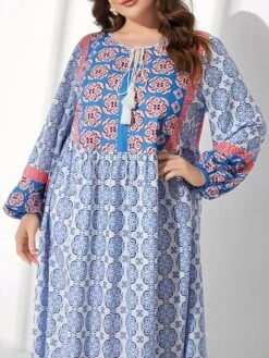 Women's Plus Size Work Dress Shift Dress Fashion Long Dress Maxi Dress Patchwork Print Off Shoulder Long Sleeve Floral Color Block Loose Fit Blue Fall L XL XXL 3XL 4XL -HAYz Clothing Shop ipiwup1693300569354