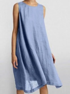 Women's Casual Dress Cotton Linen Dress Swing Dress Midi Dress Cotton Blend Basic Casual Outdoor Daily Crew Neck Ruched Sleeveless Summer Spring 2023 Loose Fit Pink Blue Brown Pure Color S M L XL 2XL