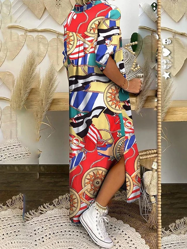 Women's Shirt Dress Swing Dress Maxi Long Dress Outdoor Daily Vacation Cotton Linen Stylish Modern Shirt Collar Split Print Short Sleeve Summer Spring 2023 Loose Fit Black Red Blue Geometric Letter 5 Women's Shirt Dress Swing Dress Maxi Long Dress Outdoor Daily Vacation Cotton Linen Stylish Modern Shirt Collar Split Print Short Sleeve Summer Spring 2023 Loose Fit Black Red Blue Geometric Letter - Image 5