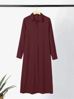 Women's Shirt Dress Casual Dress Cotton Linen Dress Maxi Long Dress Cotton Basic Classic Outdoor Daily Vacation Shirt Collar Button Split Long Sleeve Summer Spring Fall 2023 Loose Fit Wine Navy Blue -HAYz Clothing Shop ippfdu1690882245325
