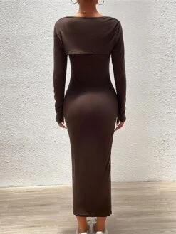 Women's Two Piece Dress Set Casual Dress Sheath Dress Outdoor Daily Fashion Streetwear Ribbed Midi Dress Square Neck Long Sleeve Plain Slim Black Blue Brown Fall Winter S M L XL -HAYz Clothing Shop ipqvzv1695268282109