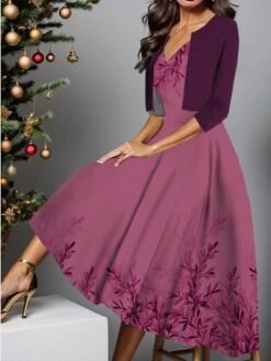 Women's Two Piece Dress Set Casual Dress Swing Dress Outdoor Daily Fashion Elegant Print Midi Dress V Neck Half Sleeve Floral Regular Fit Blue Purple Green Fall Winter S M L XL XXL -HAYz Clothing Shop ipsgen1697181062714