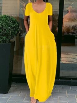 Women's Casual Dress Cotton Linen Dress Long Dress Maxi Dress Polyester Basic Daily Going Out Weekend Crew Neck Short Sleeve Summer Spring 2023 Regular Fit Fluorescent Green Black Yellow Pure Color S -HAYz Clothing Shop iptniy1630665976966