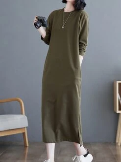 Women's Casual Dress Cotton Linen Dress T Shirt Dress Tee Dress Midi Dress Polyester Basic Classic Outdoor Daily Vacation Crew Neck Pocket 3/4 Length Sleeve Fall Autumn 2023 Loose Fit ArmyGreen Black -HAYz Clothing Shop iptrya1693366316686