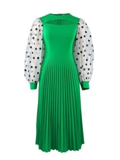 Women's Plus Size Curve Party Dress Work Dress A Line Dress Polka Dot Midi Dress Long Sleeve Mesh Cut Out Crew Neck Fashion Party Green Fall Winter XL XXL 3XL 4XL -HAYz Clothing Shop iqbjbg1694425974364