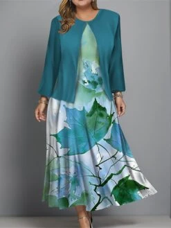 Women's Plus Size Two Piece Dress Set Casual Dress Swing Dress Outdoor Office Fashion Streetwear Print Midi Dress Crew Neck Long Sleeve Leaf Regular Fit Blue Brown Khaki Fall Winter L XL XXL 3XL 4XL -HAYz Clothing Shop iqfyms1697681150899