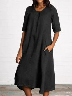 Women's Casual Dress Cotton Linen Dress Black Dress Midi Dress Linen / Cotton Blend Basic Classic Outdoor Daily Vacation V Neck Pocket Half Sleeve Summer Spring Fall 2023 Loose Fit ArmyGreen Black