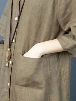 Women's Shirt Dress Casual Dress Cotton Dress Midi Dress Cotton Basic Classic Outdoor Daily Vacation Shirt Collar Button Pocket Half Sleeve Spring Fall Winter 2023 Loose Fit ArmyGreen Orange Plain S -HAYz Clothing Shop irkqce1692695054343