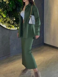 Women's Two Piece Dress Set Casual Dress Skirt Set Outdoor Daily Fashion Streetwear Button Pocket Long Dress Maxi Dress Shirt Collar Long Sleeve Plain Loose Fit Brown Green Beige Fall Winter S M L XL
